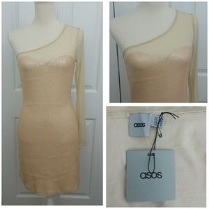 ASOS Mesh Sequin One Shoulder Beige Bodycon Dress
